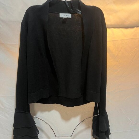 Calvin Klein Ruffle Bell Sleeve Open Front Cardigan Black S - Picture 3 of 9
